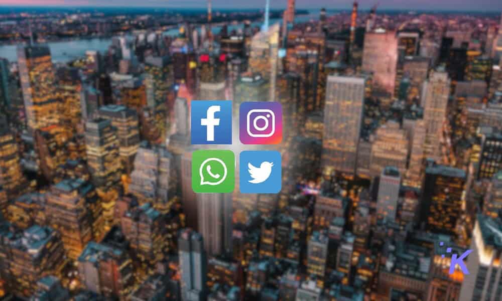 Icons for Facebook, Instagram, WhatsApp, and Twitter on a blurred city skyline background.