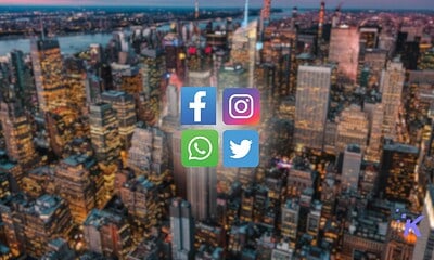 Icons for Facebook, Instagram, WhatsApp, and Twitter on a blurred city skyline background.