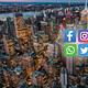 Icons for Facebook, Instagram, WhatsApp, and Twitter on a blurred city skyline background.