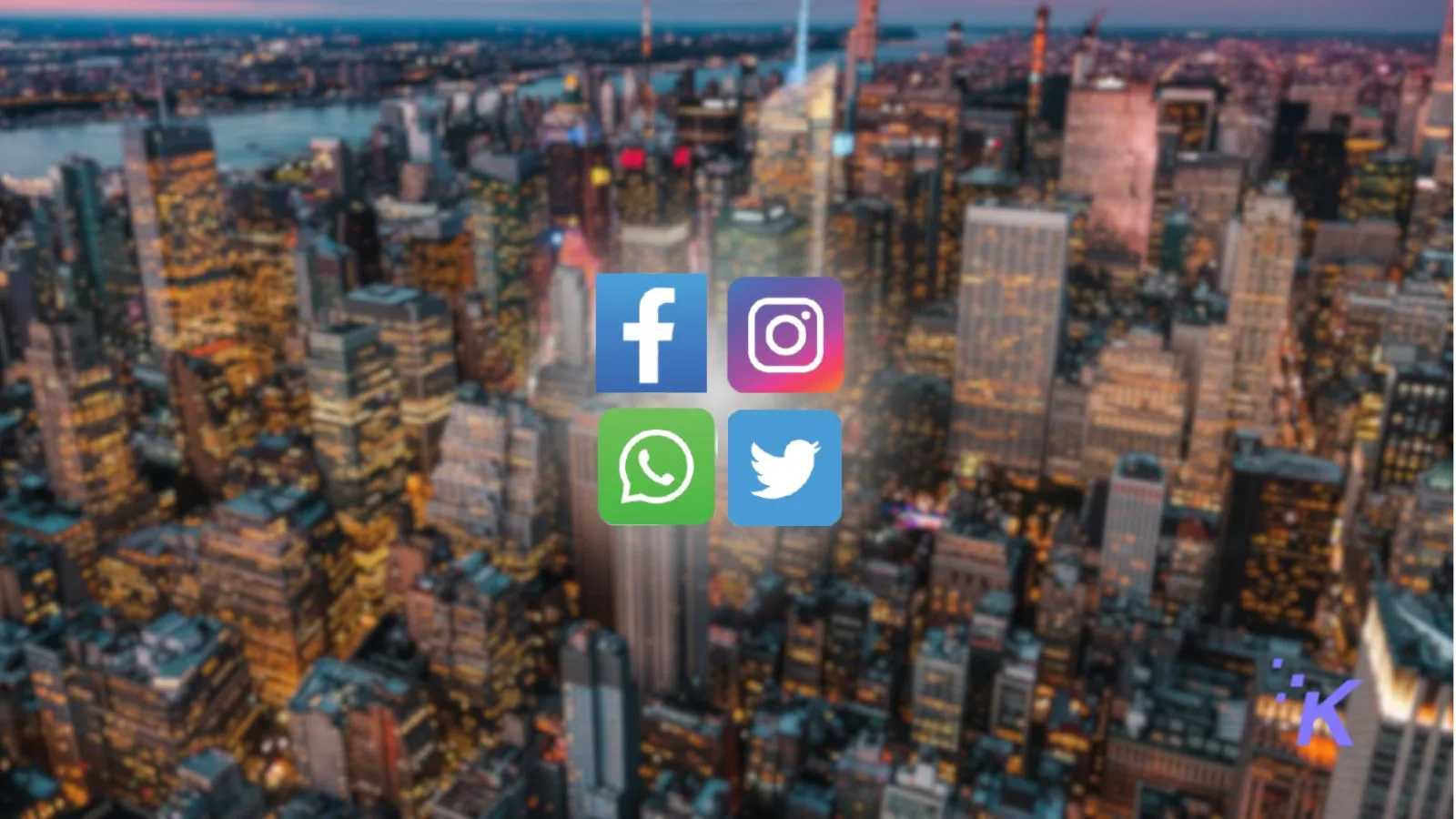 Icons for Facebook, Instagram, WhatsApp, and Twitter on a blurred city skyline background.