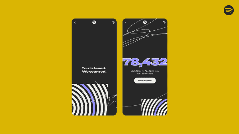 An image of two mobile screens displaying a listening and counting app interface, showcasing total listening time and engagement statistics for digital well-being.