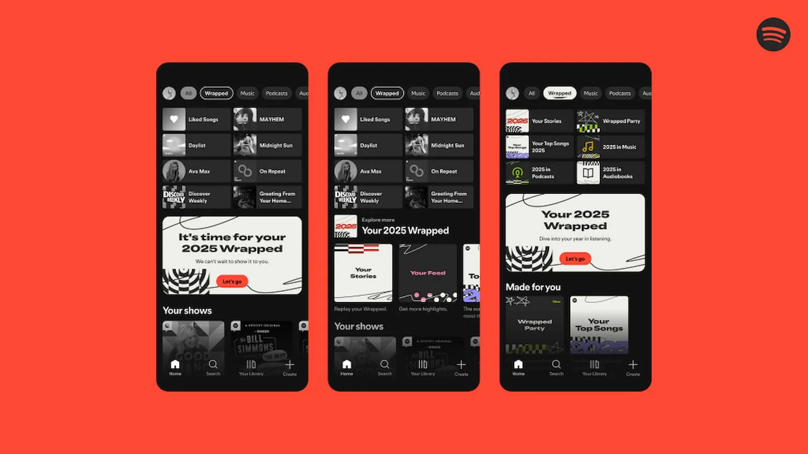 An image showcasing the Spotify 2025 Wrapped feature displayed on three mobile phones with a red background, highlighting personalized music summaries, playlists, and user engagement for the latest streaming trends.