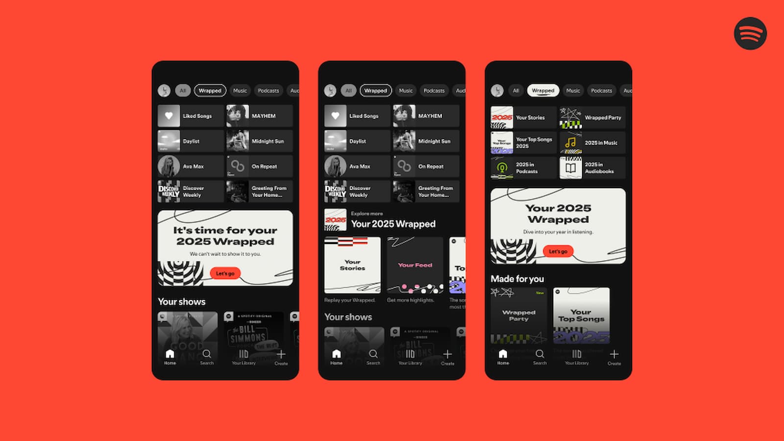 An image showcasing the Spotify 2025 Wrapped feature displayed on three mobile phones with a red background, highlighting personalized music summaries, playlists, and user engagement for the latest streaming trends.
