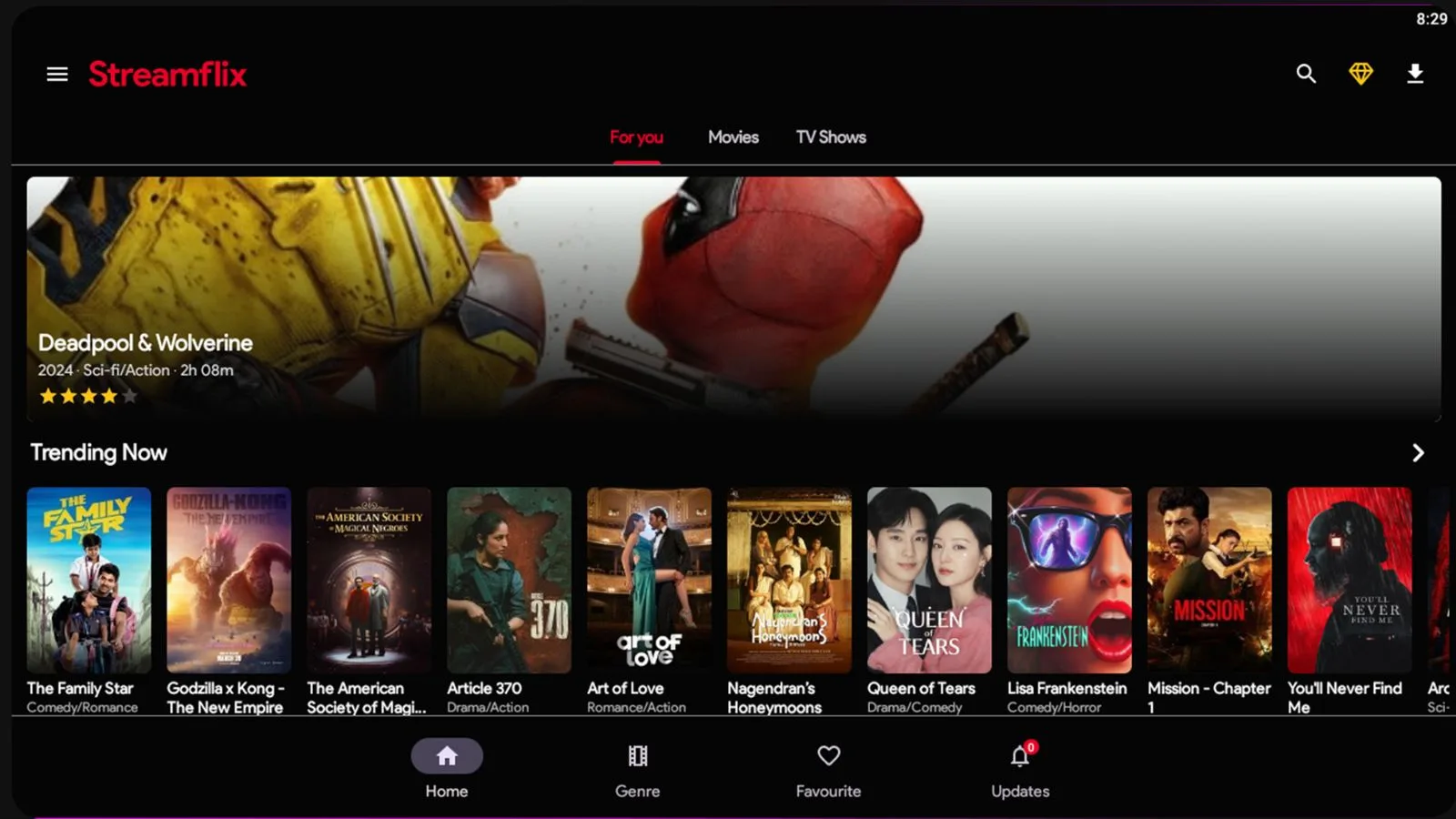 Streamflix homepage featuring Deadpool & Wolverine movie.