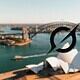Sydney Opera House and Harbour Bridge viewed from the water, with a compass icon indicating travel, navigation, or landmarks in Australia.
