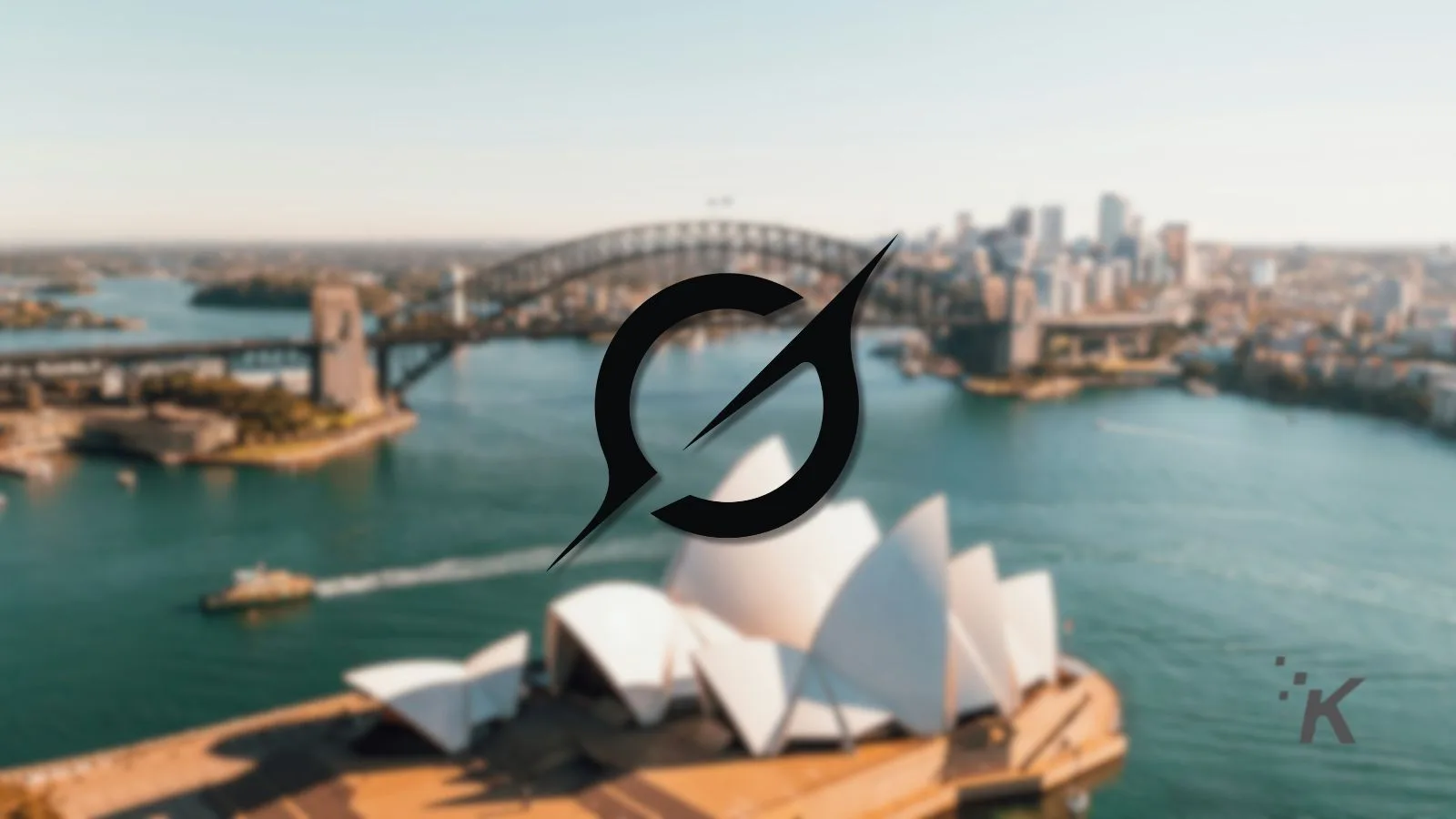 Sydney Opera House and Harbour Bridge viewed from the water, with a compass icon indicating travel, navigation, or landmarks in Australia.