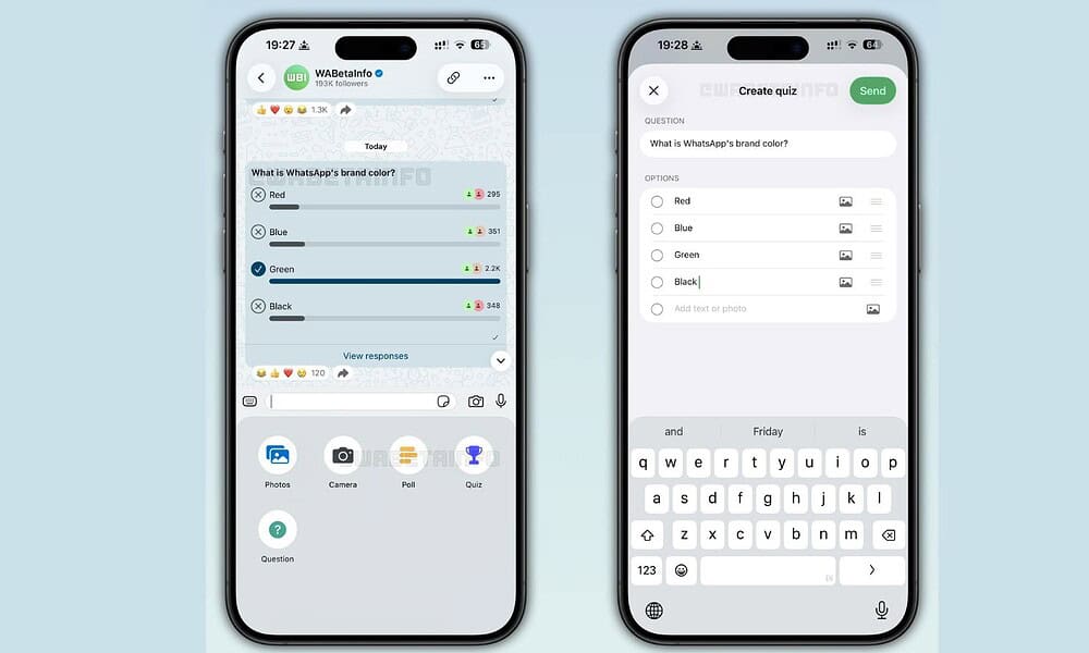Mobile phones displaying social media poll and quiz features for engaging audience participation.