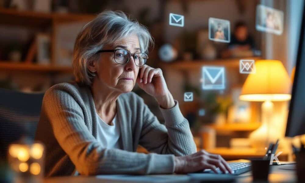 Older woman working on a desktop computer, surrounded by floating email icons and digital communication symbols to illustrate online connectivity and email communication.