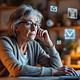 Older woman working on a desktop computer, surrounded by floating email icons and digital communication symbols to illustrate online connectivity and email communication.