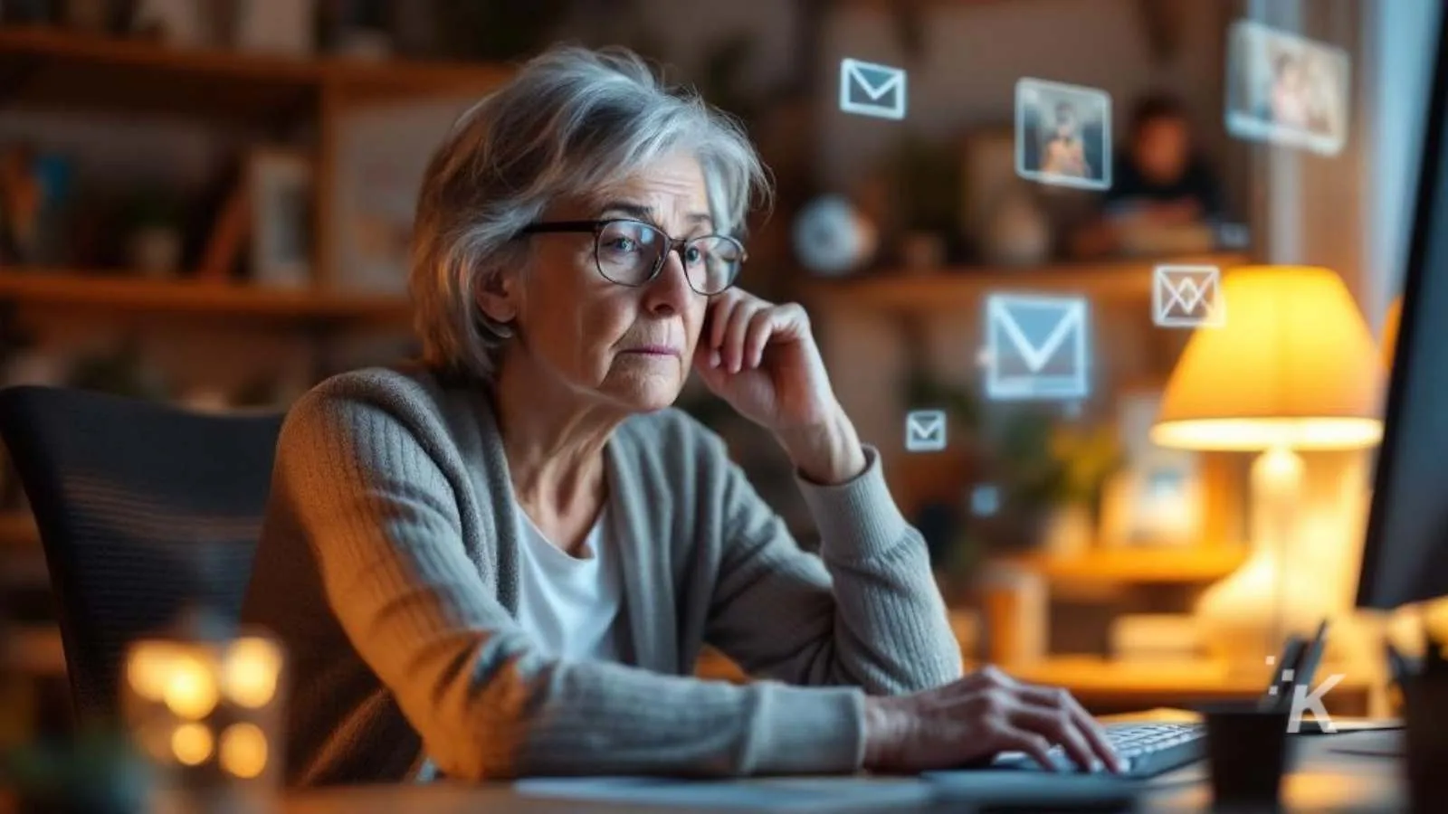 Older woman working on a desktop computer, surrounded by floating email icons and digital communication symbols to illustrate online connectivity and email communication.