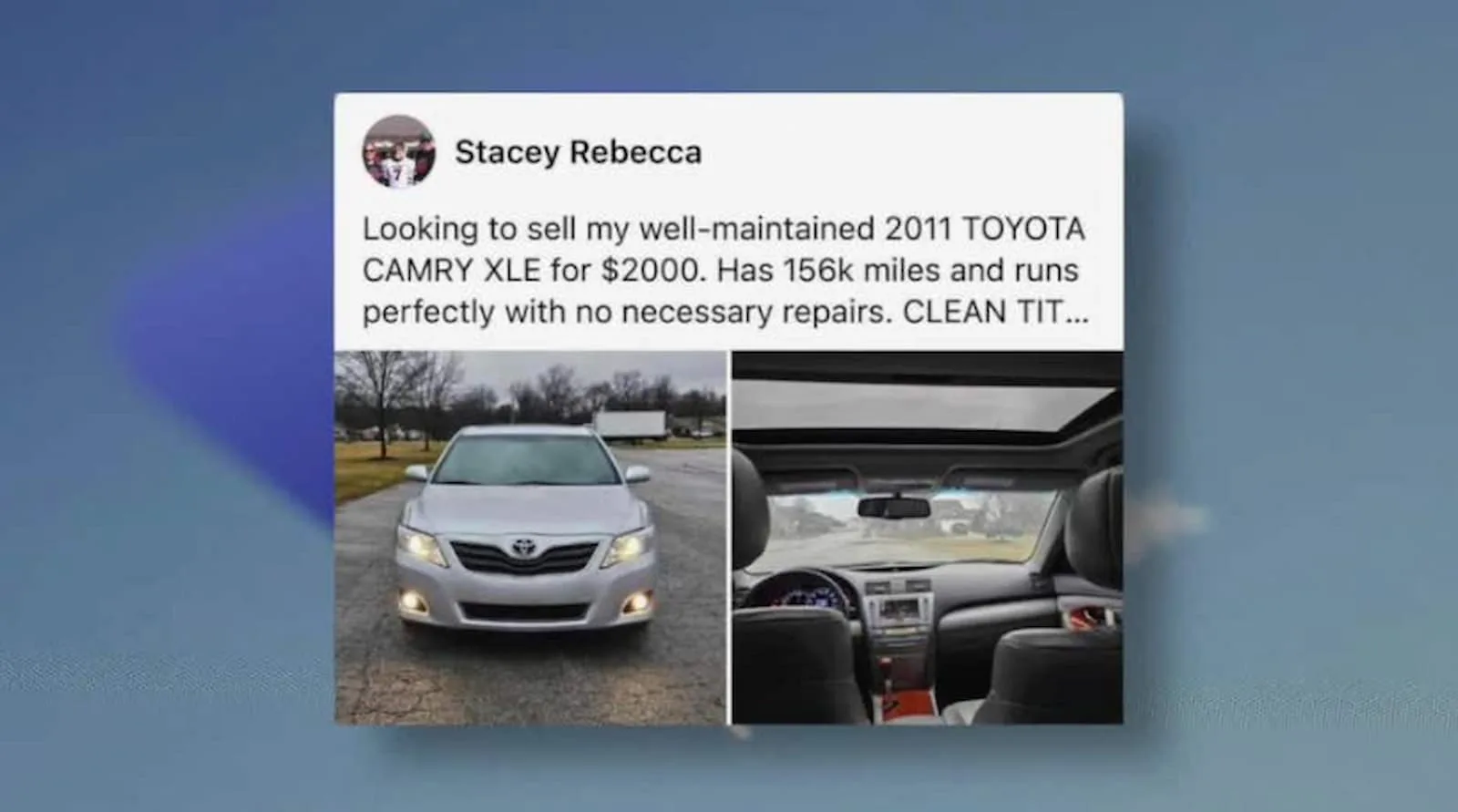 A well-maintained 2011 Toyota Camry XLE with 156,000 miles, for sale at $2000, featuring a clean title and flawless performance, ideal for reliable transportation.