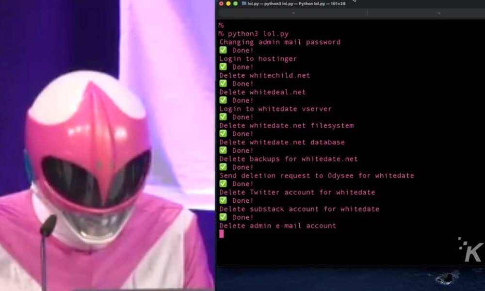 Alt text: A screenshot of a coding script run on a computer terminal, showing a process of deleting data for a whitehat hacking operation with multiple checkmarks indicating completion.