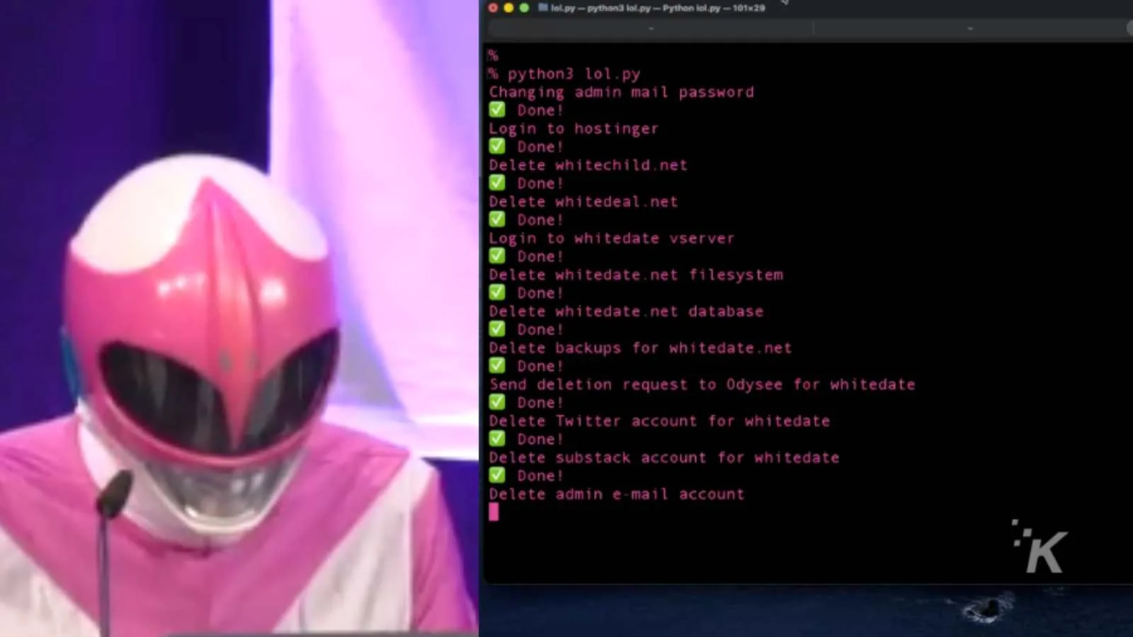 Alt text: A screenshot of a coding script run on a computer terminal, showing a process of deleting data for a whitehat hacking operation with multiple checkmarks indicating completion.
