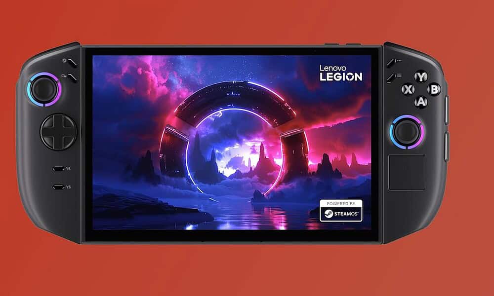 High-resolution handheld gaming console featuring a vibrant sci-fi landscape on the screen, with ergonomic controls and colorful backlit joysticks, perfect for gaming on the go.