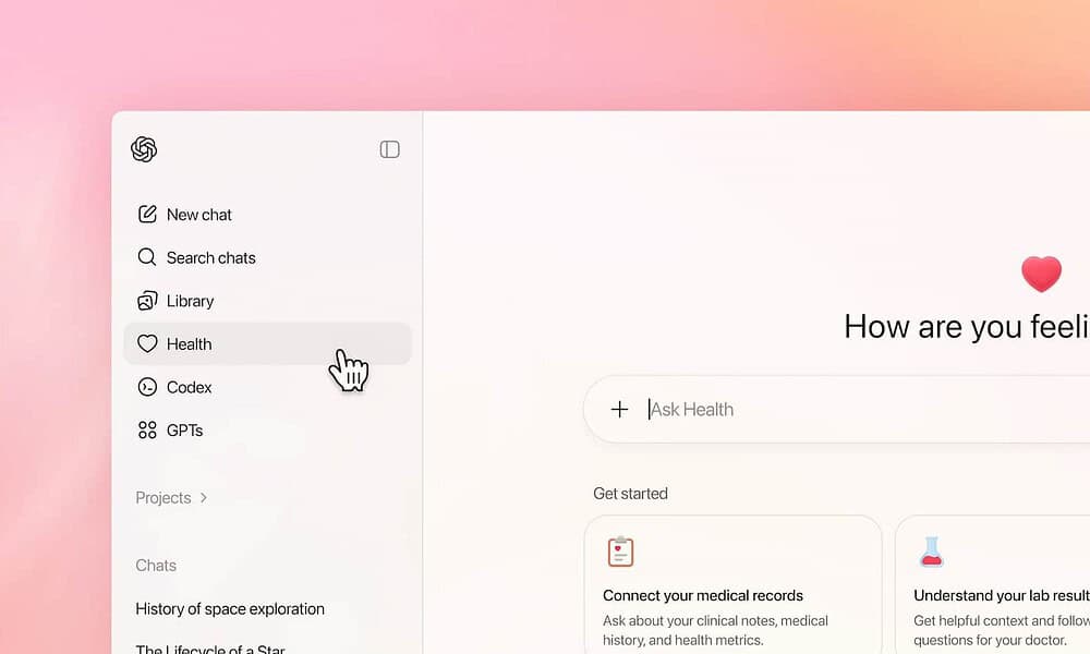 An image showing a digital health platform with a menu highlighted "Health" and options for connecting medical records and understanding lab results, emphasizing online healthcare management and telemedicine solutions.