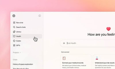 An image showing a digital health platform with a menu highlighted "Health" and options for connecting medical records and understanding lab results, emphasizing online healthcare management and telemedicine solutions.