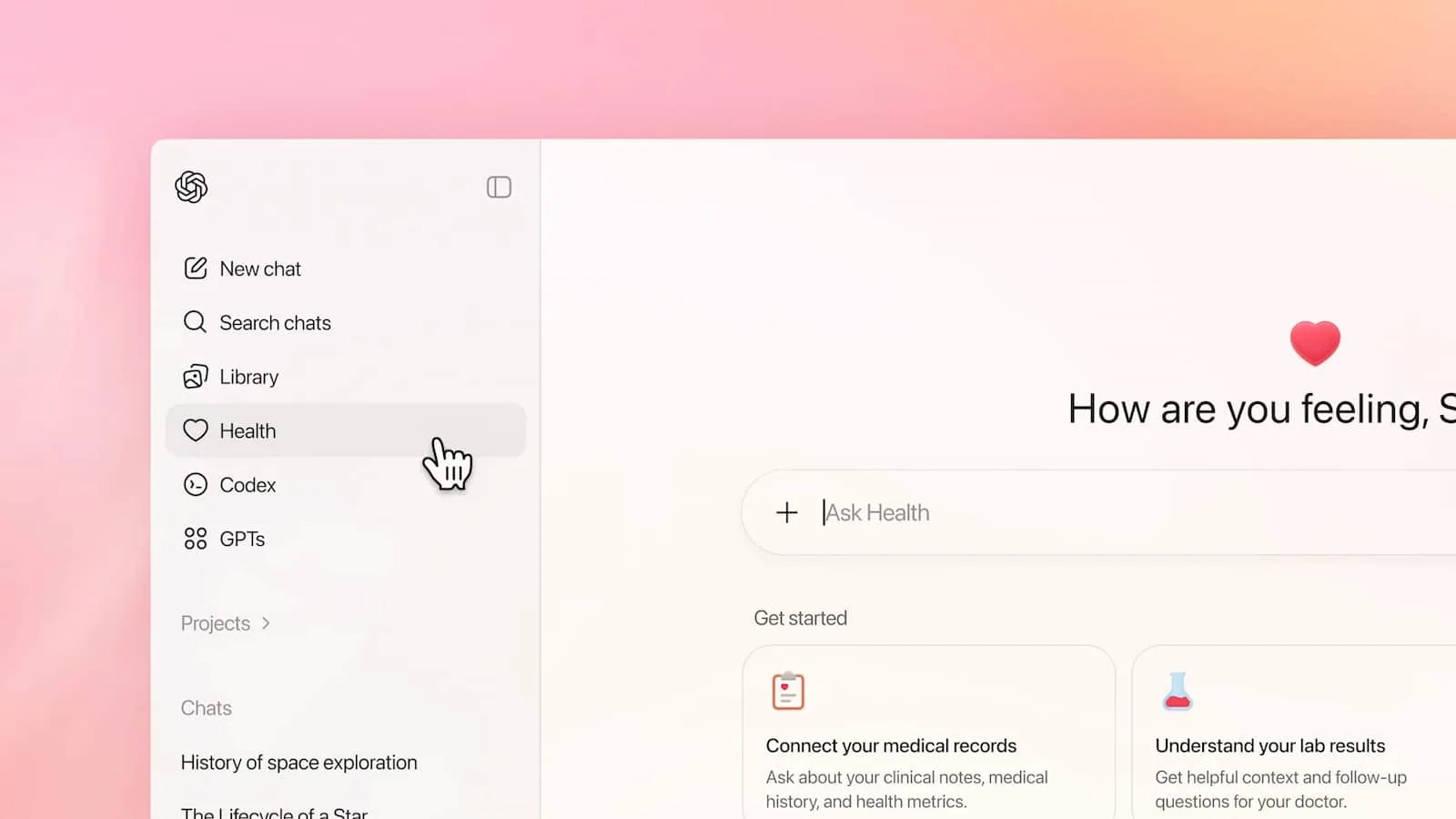 An image showing a digital health platform with a menu highlighted "Health" and options for connecting medical records and understanding lab results, emphasizing online healthcare management and telemedicine solutions.