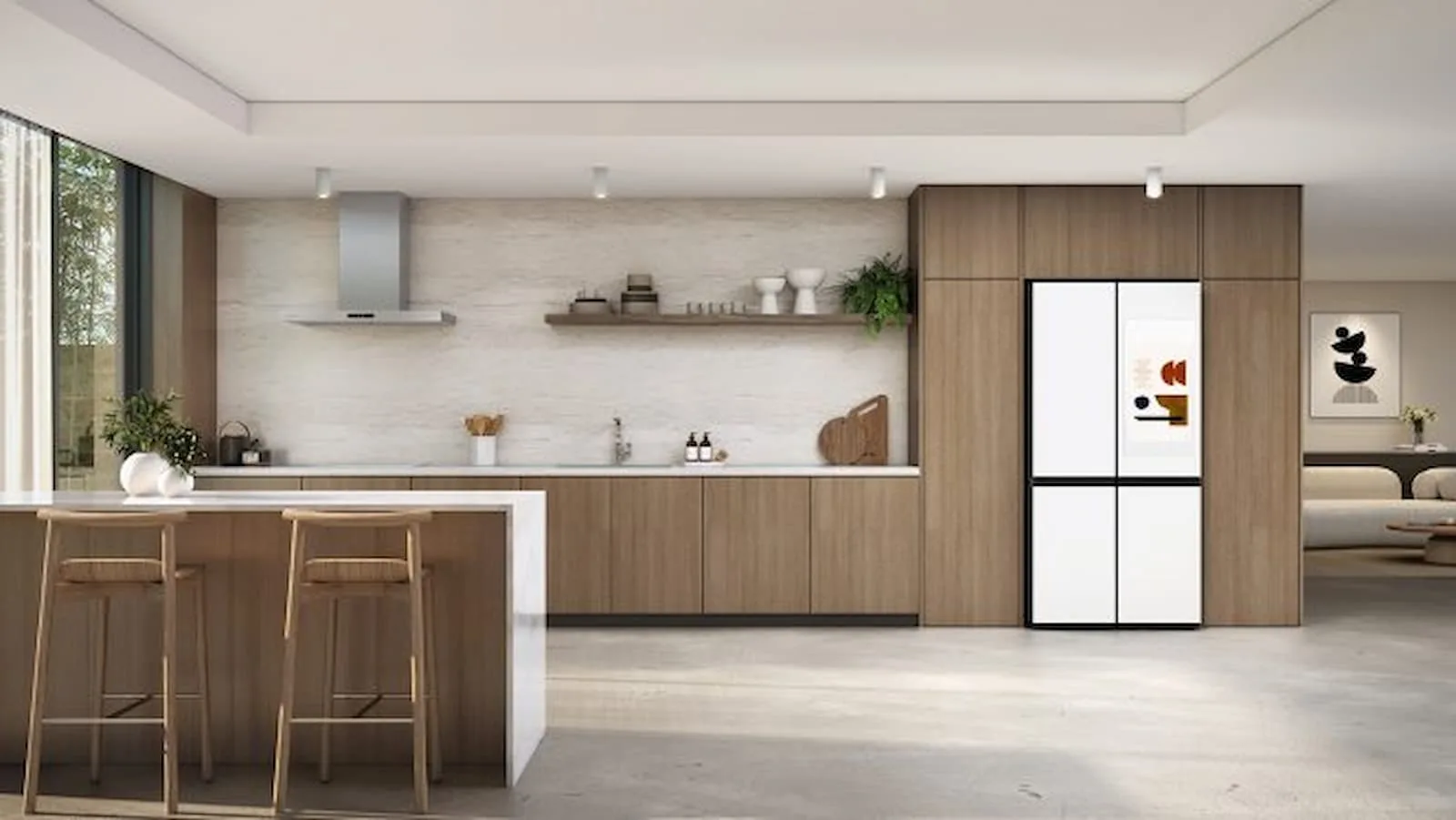 Bright and stylish kitchen featuring sleek wood cabinetry, a built-in smart refrigerator, and modern decor for contemporary home technology.