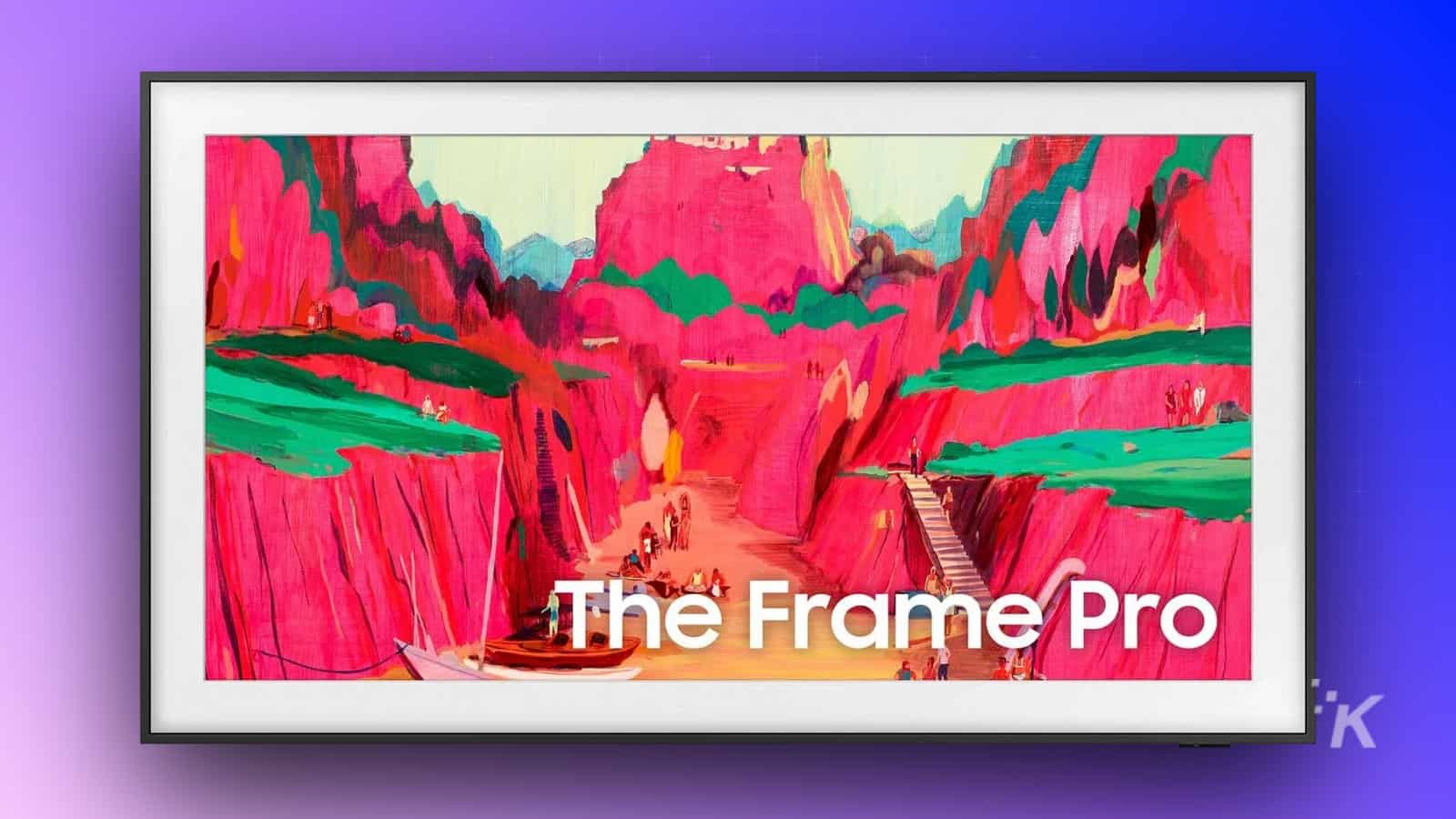 Brightly colored landscape painting with pink, green, and orange hues, showcasing digital art technology on a modern screen.