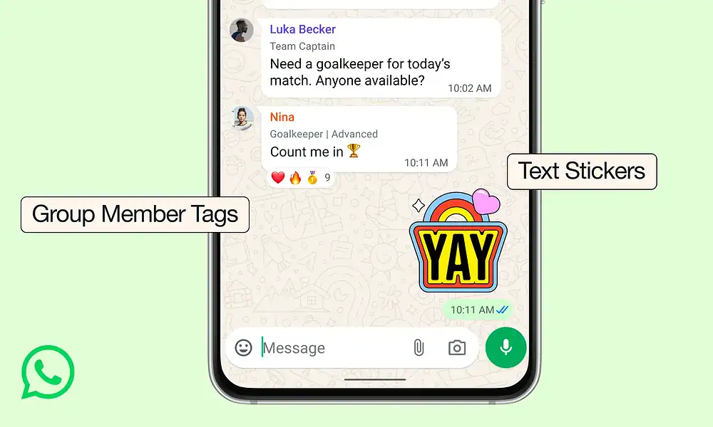 An image showing WhatsApp chat with text stickers, group member tags, and emojis, highlighting features like expressive messaging, group communication, and fun customization options.