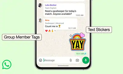 An image showing WhatsApp chat with text stickers, group member tags, and emojis, highlighting features like expressive messaging, group communication, and fun customization options.