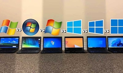 High-resolution image showcasing six laptops displaying different Windows OS versions with overlay icons comparing Windows XP, Vista, 7, 8, 10, and 11, illustrating user interface evolution and software compatibility for technology fans.
