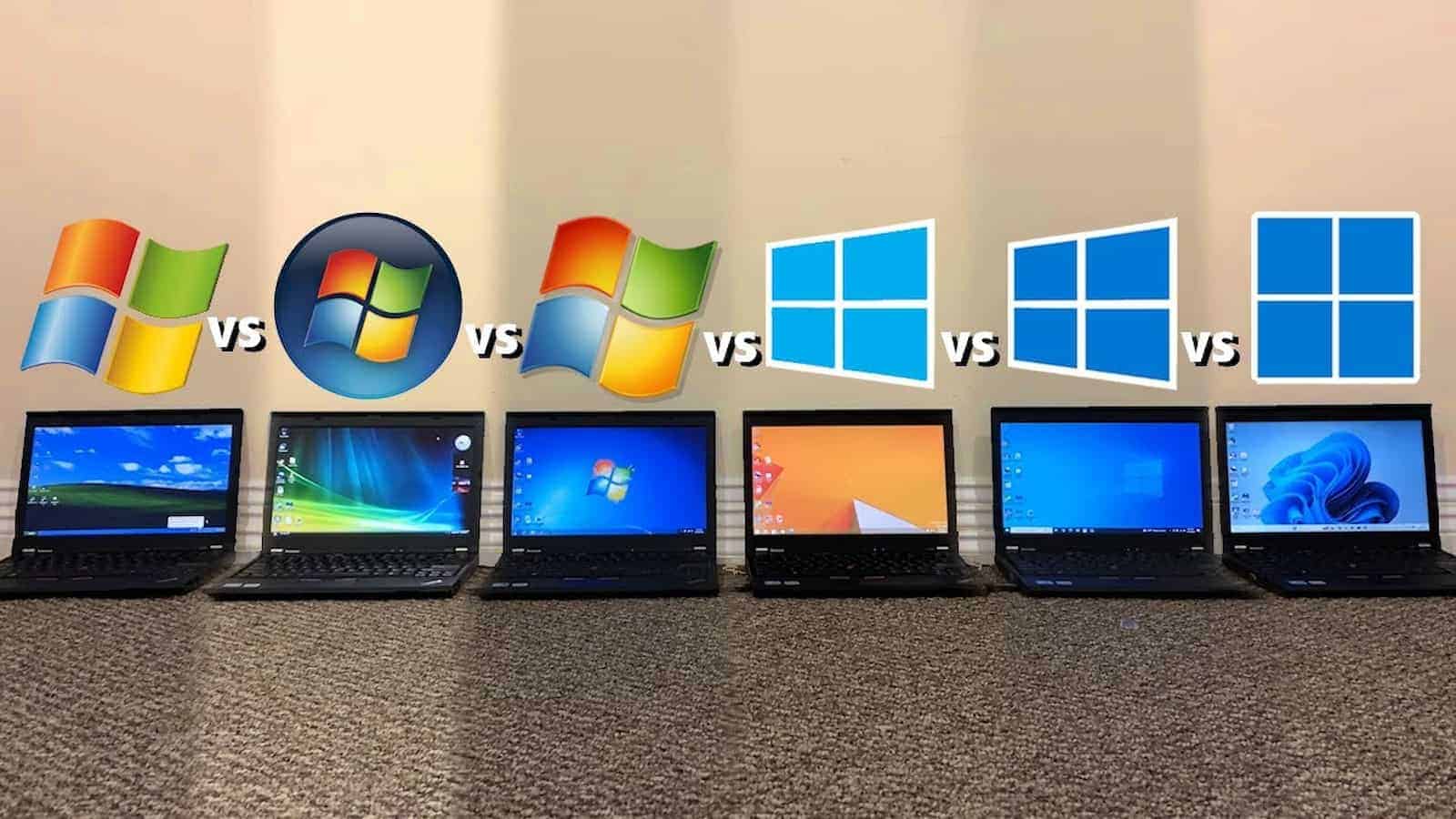High-resolution image showcasing six laptops displaying different Windows OS versions with overlay icons comparing Windows XP, Vista, 7, 8, 10, and 11, illustrating user interface evolution and software compatibility for technology fans.