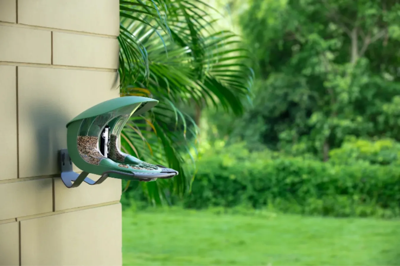 Smart bird feeder mounted on a wall with a green roof, designed to attract and feed wild birds in outdoor gardens.