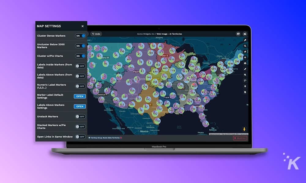 Interactive map showing data analytics and clustering markers across the United States on a laptop screen.
