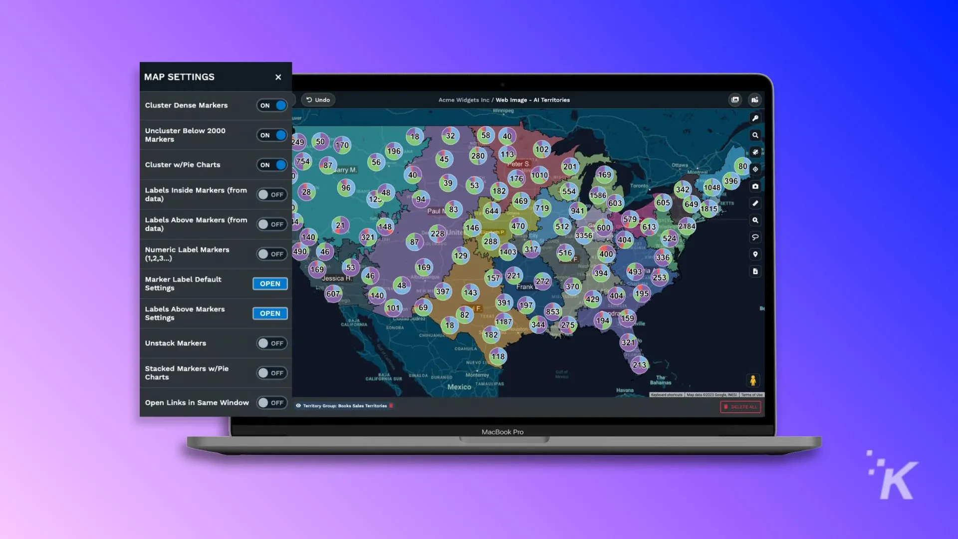 Interactive map showing data analytics and clustering markers across the United States on a laptop screen.